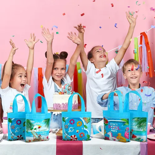 Miniatura 7 de Sweetude 36 bolsas de recuerdo de fiesta en la piscina, 4 diseños de bolsas de regalo de verano con asas, regalo de playa no tejidas para piscina