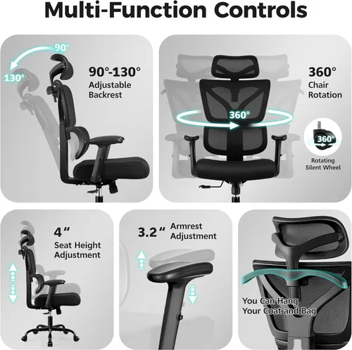 Miniatura 8 de Silla de Oficina Ergonómica de Respaldo Alto Silla de Escritorio con Soporte Lumbar, Silla de Computadora de Malla Transpirable con Reposabrazos
