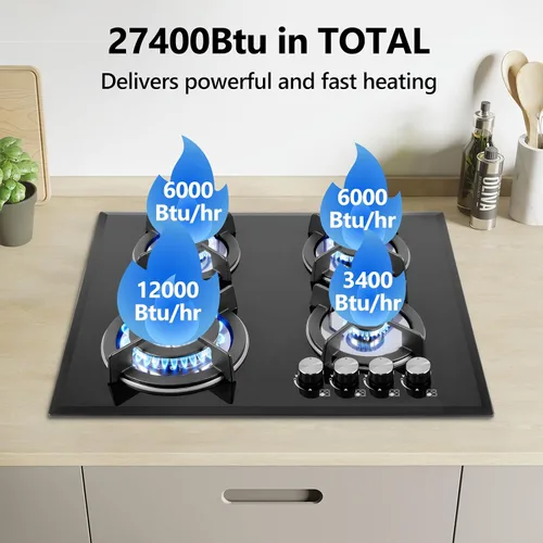 Miniatura 4 de Estufa de gas superior de 4 quemadores de 24 pulgadas, estufa de gas de vidrio incorporada, estufa convertible de gas neutro propano, estufa