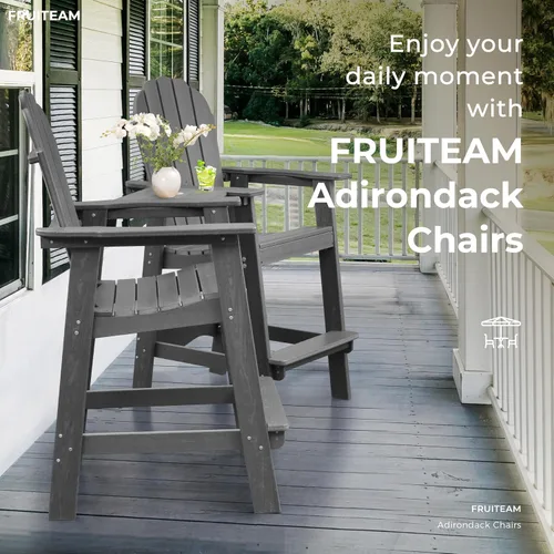 Miniatura 7 de FRUITEAM Juego de 2 sillas altas Adirondack con bandeja de conexión, sillas de terraza resistentes a la intemperie para exteriores, juego de balcón