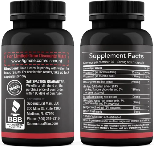 Miniatura 3 de Supernatural Man Suplemento potenciador de T natural masculino 5G para el flujo sanguíneo, la resistencia, la fuerza y la resistencia, ginseng, ajo