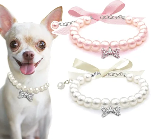 Collar de perlas de perro y gato con hueso de diamantes de imitación, joyería de collar de boda para niñas, gatos, cachorros, accesorios (rosa y