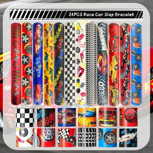 Miniatura 7 de CZWXOXO 74 piezas de artículos para fiesta temática de carreras, 24 piezas de pulseras slap, 50 piezas de calcomanías, decoraciones para fiesta