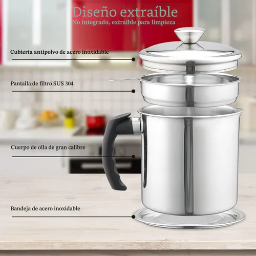 Miniatura 5 de Kyraton Contenedor de Grasa de Tocino con Colador, Recipiente de Aceite de Acero Inoxidable de 48 oz, Recipiente de Grasa de Olla con Tapa, Mango