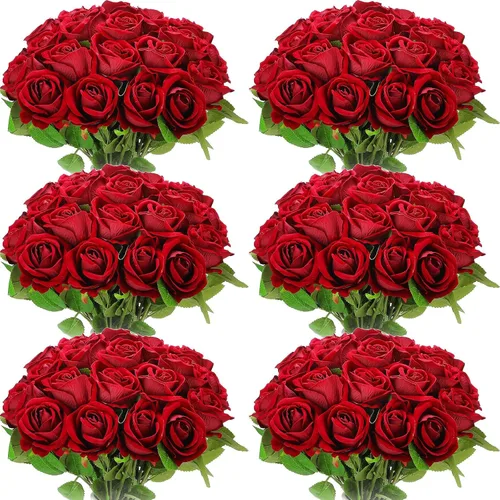 Miniatura 7 de Jexine 50 piezas de flores de rosa artificiales a granel realistas de seda falsa con tallo largo, ramo de flores artificiales de plástico de aspecto
