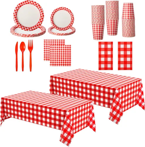 Oudain 162 piezas de suministros de fiesta a cuadros para 20 invitados, 2 manteles a cuadros a cuadros, platos, vasos, servilletas, cuchillos,