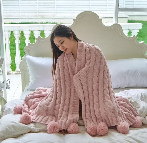 Miniatura 4 de Manta de punto de felpilla gruesa con 14 piezas con pompones, súper suave, acogedora y cálida, para sofá y cama, sofá suave, 50 x 60 pulgadas (rosa)