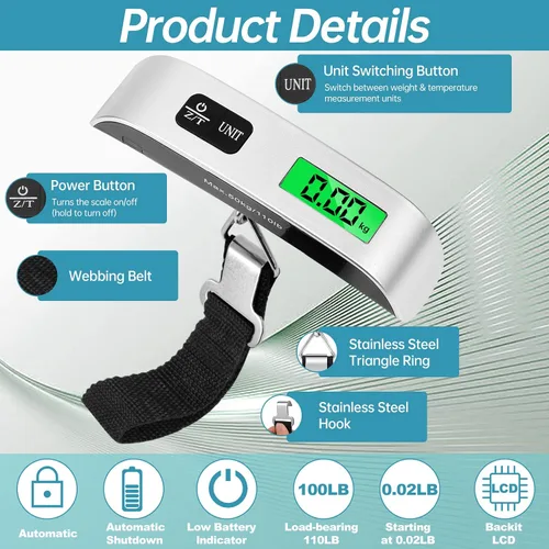 Miniatura 3 de Báscula digital para equipaje paquete de 3 básculas de peso de equipaje báscula digital de mano de 110 libras báscula de equipaje con pantalla LCD