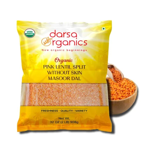 Darsa Organics Lentejas rojas divididas (Masoor Dal) 2 libras | USDA Orgánico, sin OMG, veganas, kosher| Ricas en proteínas y fibra | Ideal para