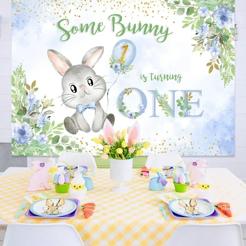 Miniatura 4 de MEHOFOND Conejo de fondo para fiesta de cumpleaños, primavera, Pascua, azul, floral, conejo, plateado, Some Bunny is Turning One Happy 1er