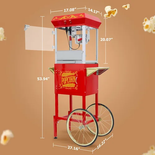 Miniatura 6 de Carro de máquina de palomitas de maíz de 8 onzas, 650 W, máquina para hacer palomitas de maíz con hervidor de acero inoxidable, máquina de palomitas