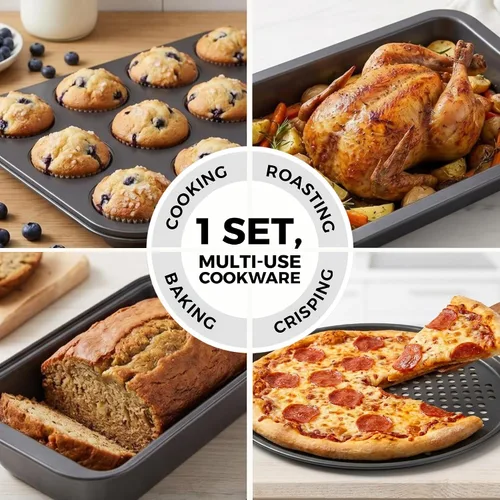 Miniatura 5 de Perlli Juego de 10 moldes para hornear antiadherentes de acero al carbono, gris para horno, 2 hojas de galletas, 2 moldes redondos para pasteles