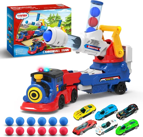 Miniatura 7 de Juego de tren de juguete 2 en 1 para niños pequeños, base de tren de catapulta con grúa torre móvil, 8 pequeños trenes magnéticos, efecto de luz