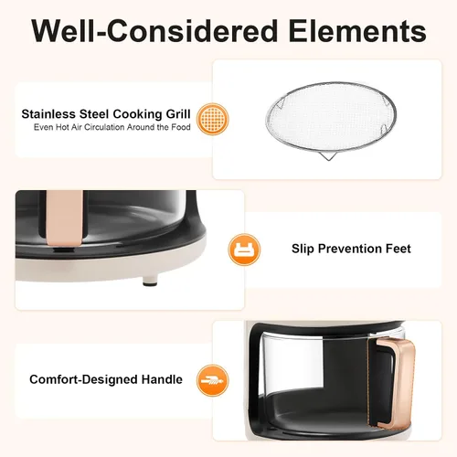 Miniatura 7 de Freidora de aire de 4.44 cuartos de galón, cesta de vidrio de borosilicato, antiadherente y apta para lavavajillas, vista de 360°, temperatura Blanco