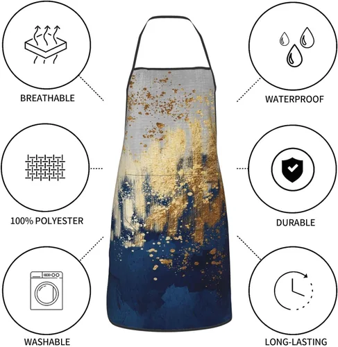 Miniatura 6 de Delantales con pechera para mujeres y hombres, delantales de cocina con bolsillos para cocina, barbacoa, hornear, asar a la parrilla Azul-Dorado