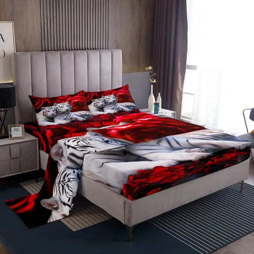 Miniatura 28 de Erosebridal Sábanas de cama de guepardo con rosa roja, juego de sábanas de bolsillo profundo con estampado de leopardo y gato, sábana bajera