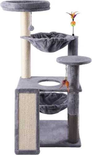 Árbol para gatos de varios niveles para gatos de interior, torre de árbol para gatos con hamaca para gatos grandes y cepillo de autoaseo, torre para