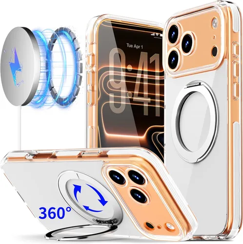 COOLQO - Funda magnética para iPhone 17 Pro, soporte giratorio de 360°, color blanco | Fit for MagSafe, Military-Grade Protection, Full Camera