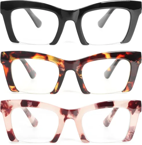 MMOWW Paquete de 3 lentes de lectura estilo Oprah para mujer, elegante medio marco con bloqueo de luz azul, bisagras de resorte