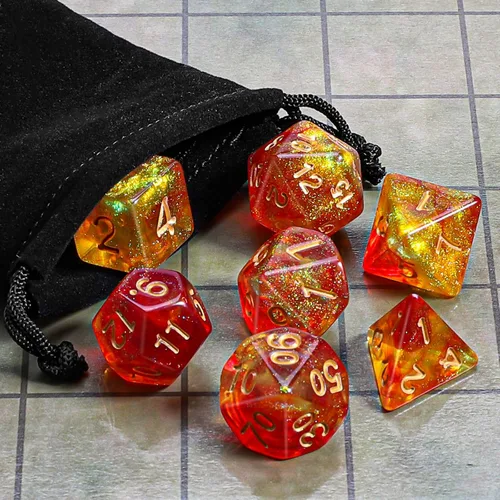 Miniatura 6 de CiaraQ DND - Juego de dados poliédricos con una bolsa de dados negra para juegos de mesa de rol D&D RPG MTG Rojo mezclado con naranja + purpurina