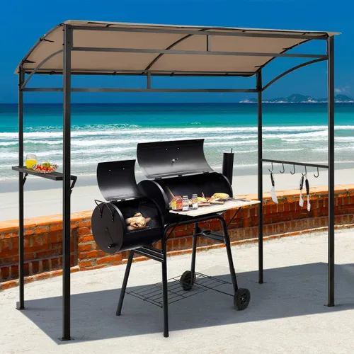Miniatura 3 de Tangkula - Cenador de parrilla de 7 pies, toldo para barbacoa de patio con estante de servicio y ganchos de almacenamiento, refugio curvo para Café