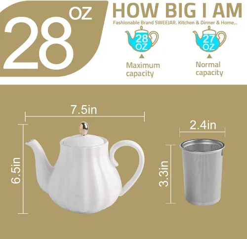 Miniatura 6 de Sweejar Royal Ceramic Teapot & Sugar and Creamer Set (Blanco)