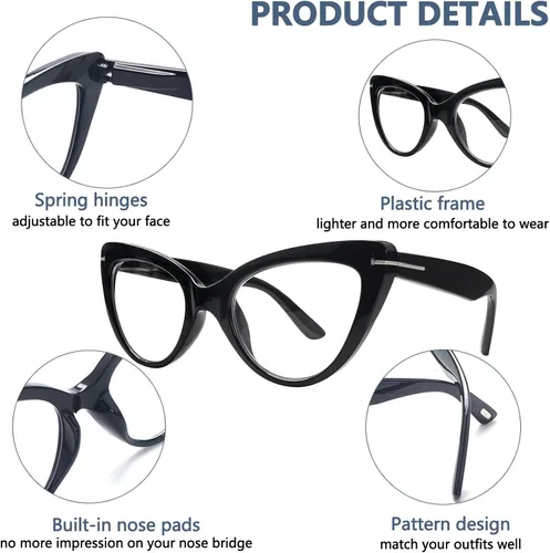 Miniatura 6 de Pack de 6 gafas de moda de ojo de gato para mujer con bloqueo de luz azul, bisagras de resorte extra grandes, lentes para computadora