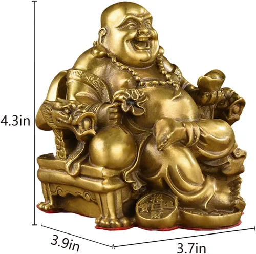 Miniatura 2 de Brass Statu BRABUD Feng Shui - Estatua de Buda sonriente hecha a mano sentado en la silla del emperador, escultura para el hogar