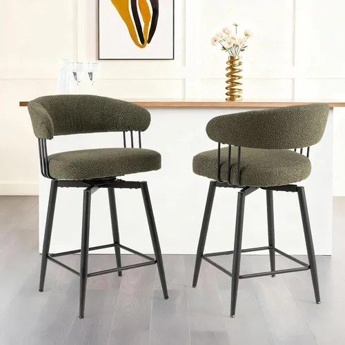 Miniatura 10 de Glitzhome Juego de 2 taburetes de bar giratorios de 31.5 pulgadas de altura de asiento, modernos taburetes de bar de tela verde cazador de mediados