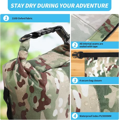 Miniatura 4 de Bolsas secas impermeables de camuflaje pequeñas y ligeras con correa para tabla de remo, kayak, pesca, camping, senderismo (10 L)