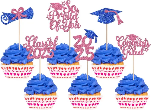 Miniatura 50 de Rsstarxi Paquete de 24 adornos para cupcakes de graduación 2026, con purpurina azul, para la clase de 2026, para diplomas, 24 piezas (6 diseños)