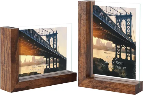 Miniatura 12 de Lavezee Paquete de 2 marcos de fotos de 4 x 6 pulgadas, hechos de base de madera negra en forma de L con vidrio, imágenes de fotos de doble cara