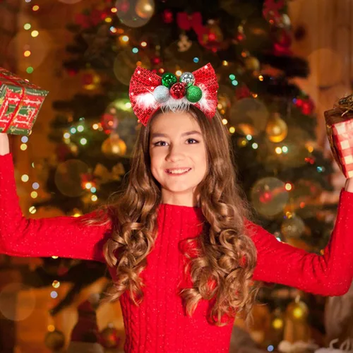 Miniatura 6 de Ecuupas Diadema de Navidad con lazo para el pelo, color rojo, brillante, verde, campana, diseño de tocado para mujeres, niñas, niños, invierno