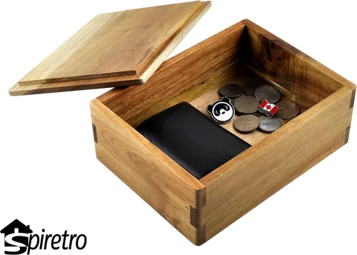 Miniatura 3 de Caja de almacenamiento de madera con tapa, caja de almacenamiento para guardar joyas, monedas, tarjetas, tesoro pequeño, caja decorativa de acacia