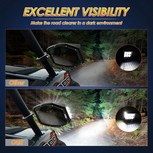 Miniatura 4 de Espejos Laterales UTV con Luces LED, Espejo Retrovisor Iluminado que se Ajusta a Jaula de Barra Antivuelco de 1.5"-2", Espejos Laterales RZR