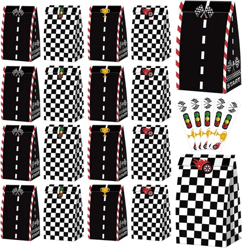 XJLANTTE 20 bolsas de regalos para autos de carreras, bolsa de recuerdos de fiesta de autos de carreras con calcomanías, bolsas de papel de regalo a