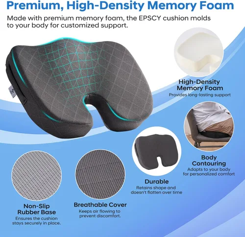 Miniatura 2 de EPSCY Cojín de espuma viscoelástica en forma de U para alivio del dolor de coxis, hemorroides, ciática y coxis, cojín de asiento reductor de presión