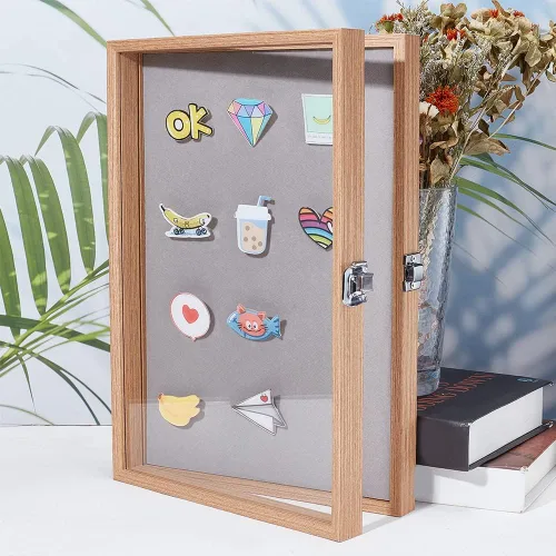 Miniatura 6 de OLYCRAFT Vitrina de madera de 9.4 x 13.7 x 2 pulgadas, vitrinas para insignias, almacenamiento de insignias, broche, con ventana transparente e