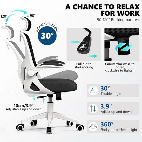 Miniatura 4 de Silla de oficina ergonómica, silla de escritorio de malla con reposacabezas ajustable y soporte lumbar, silla de computadora con ruedas con Blanco