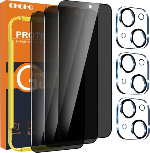 QHOHQ Paquete de 3 protectores de pantalla de privacidad para iPhone 15 [6.1 pulgadas] con paquete de 3 protectores de lente de cámara, película de