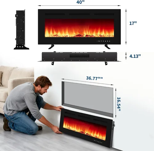 Miniatura 2 de Insertos de chimenea eléctrica de 40 pulgadas – Chimeneas montadas en la pared de marco ultra estrecho de 1500/750 W con 3 modos de calefacción, 12