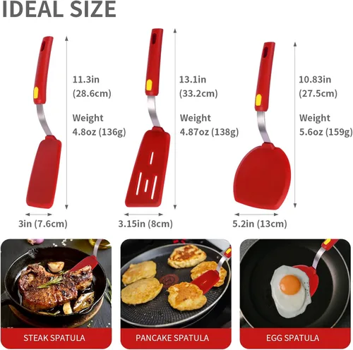 Miniatura 7 de Juego de espátulas de silicona grandes y delgadas, resistentes al calor, 600 ° F, utensilios de cocina flexibles ranurados para utensilios de cocina