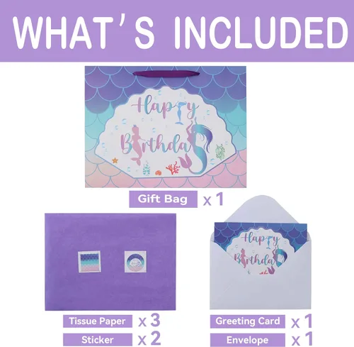 Miniatura 3 de Qirrmiy Juego de bolsas de regalo de cumpleaños de sirena extra grande de 16.5 pulgadas con asas, tarjeta de felicitación, papeles de seda morados