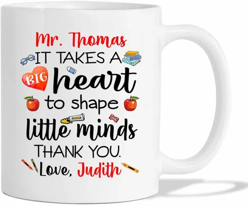 Miniatura 11 de Taza de té de cerámica blanca con texto en inglés "It Takes A Big Heart To Shape Little Minds" de 11 onzas y 15 onzas, taza de café personalizada