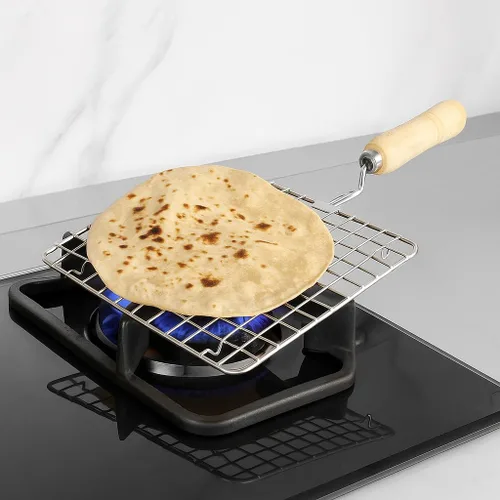 Miniatura 3 de Papad Jali - Asador de alambre de acero inoxidable Papad Jali, parrilla de asado multifuncional con mango redondo de madera (7.5 pulgadas)