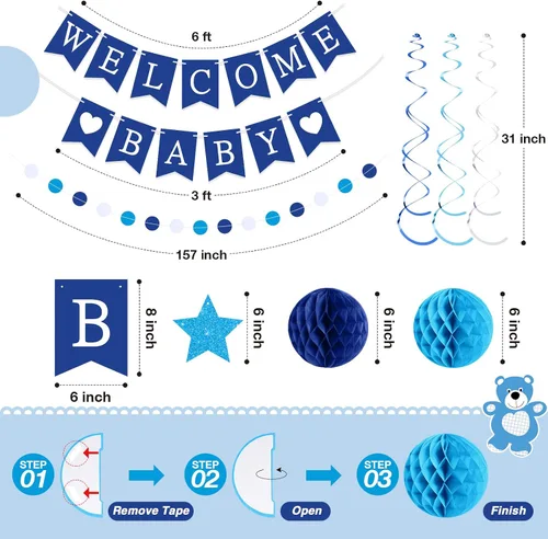 Miniatura 2 de WinnerWhy 25 piezas de decoración de baby shower para niño, pancarta azul de bienvenida para bebé con estrellas con purpurina, remolinos colgantes