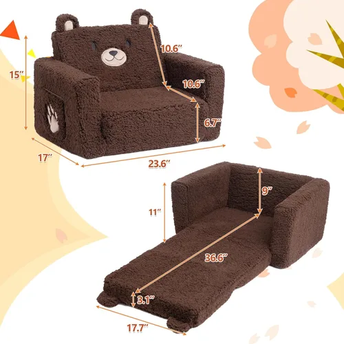 Miniatura 3 de ALIMORDEN Sofá plegable para niños pequeños, cómoda silla de oso sherpa 2 en 1 para niños, sofá convertible a tumbona, acogedor sofá esquinero