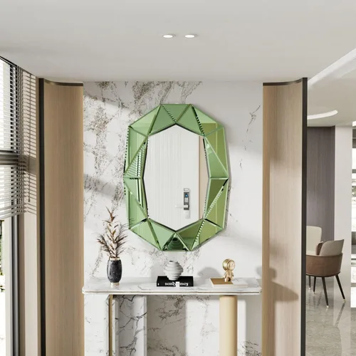 Miniatura 6 de Espejo de pared ovalado con forma de diamante, elegante marco de cristal, 40 x 28 pulgadas, color verde