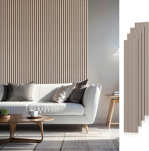 SMARTSTANDARD Paneles de pared acústicos de listones de madera, paquete de 4 paneles de 94 x 12.6 pulgadas, nogal, reducción de ruido y absorción de