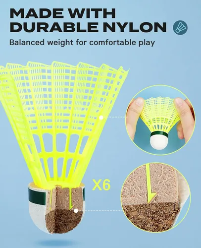 Miniatura 6 de AboveGenius Juego de 4 raquetas de bádminton para juegos al aire libre, incluye 4 raquetas, 6 volantes de bádminton de nailon, raquetas de bádminton